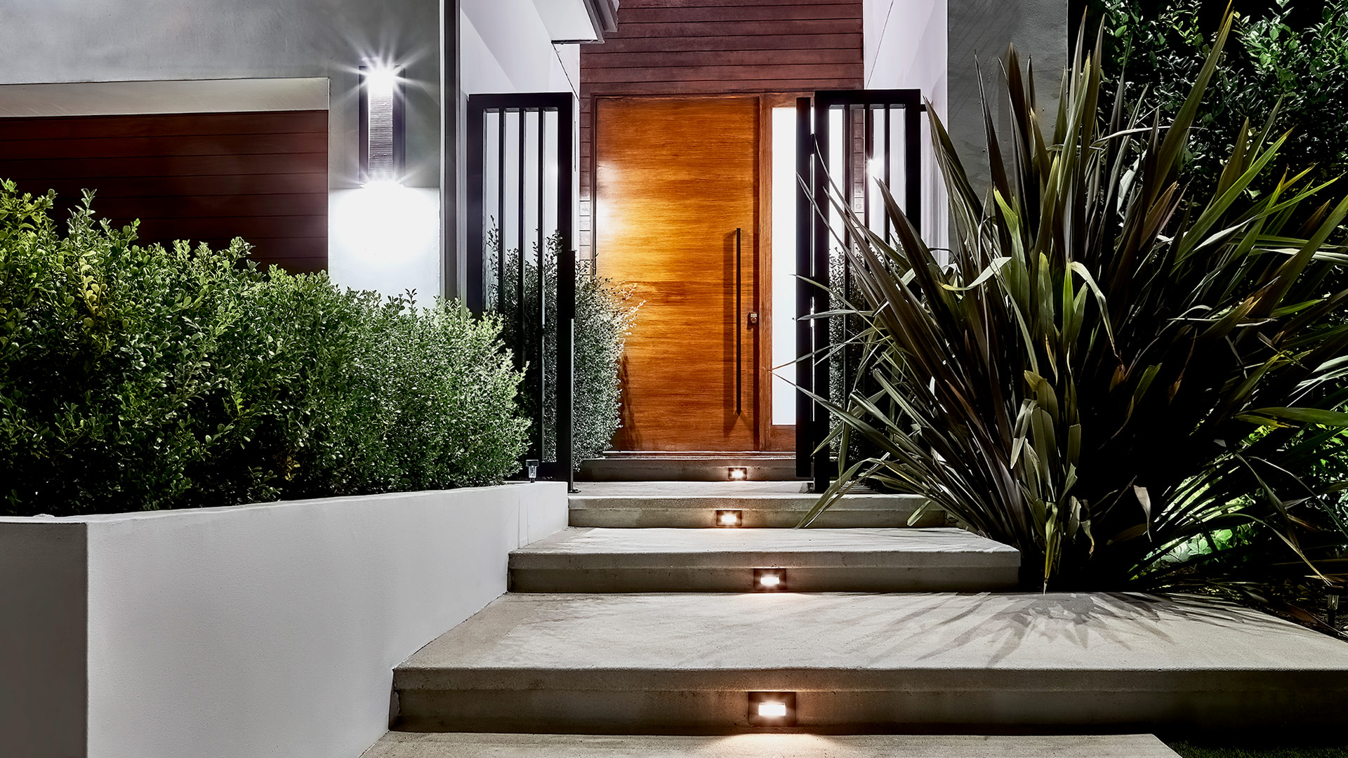 Nighttime entrance of a contemporary house: illuminated concrete steps lead past manicured shrubs to a warm wood pivot door framed by sleek black gates.
